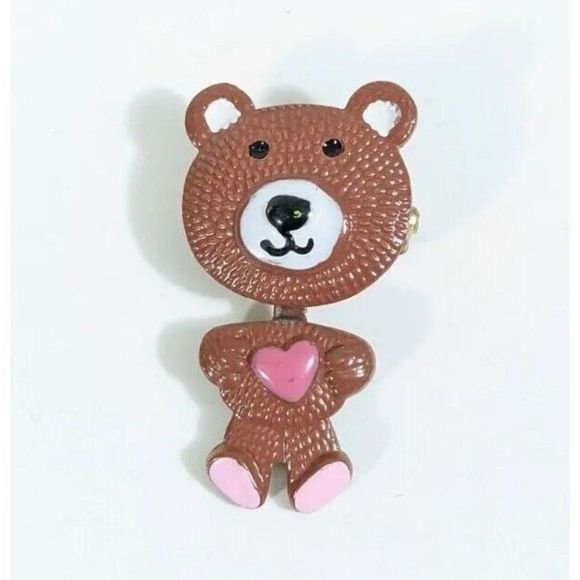 Teddy Bear Articulating Heart Love - Vintage Brooch Pin - Picture 1 of 6